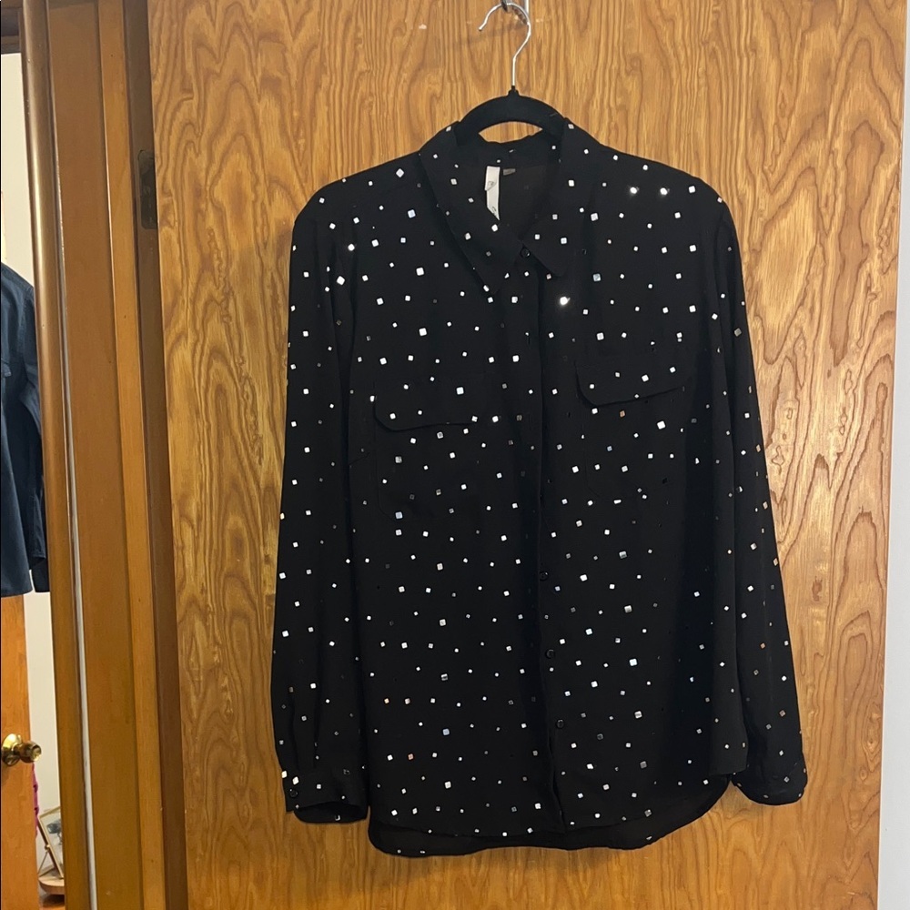 NY Collection Black Studded Button Down Shirt